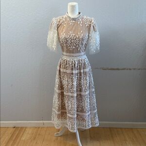 Elegant Lace Midi Dress - White Floral